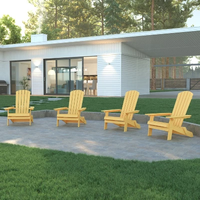 Emma And Oliver Set Of 4 Indoor/Outdoor Poly Resin Folding Adirondack Chairs, All-Weather Chairs For Porch, Patio, Or Sunroom