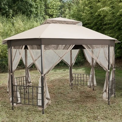 Costway 10'x12' Patio Gazebo Canopy Shelter Double Top Netting Sidewalls Beige - Image 3