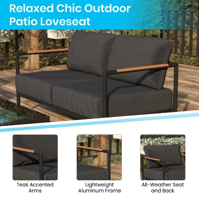 Merrick Lane Outdoor Loveseat With Removable Plush Fabric Cushions And Teak Accented Aluminum Frame - Image 8