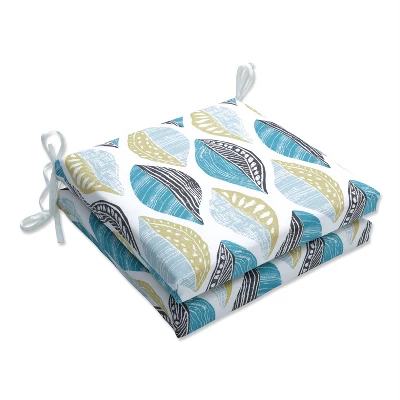 Set Of 2 Leaf Block Outdoor/Indoor Squared Corners Seat Cushions Teal/Citron - Pillow Perfect - Image 6