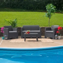 Flash Furniture Faux Rattan Loveseat With All-Weather Cushions