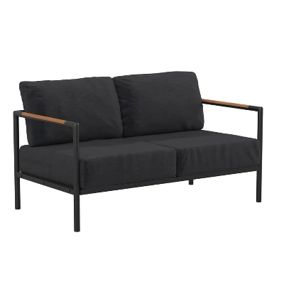 Merrick Lane Outdoor Loveseat With Removable Plush Fabric Cushions And Teak Accented Aluminum Frame - Image 13