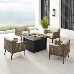 Southwick 5pc Outdoor Wicker Conversation Set With 4 Arm Chairs & Dante Fire Table - Cream/Light Brown - Crosley