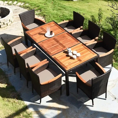 Costway 9PCS Patio Rattan Dining Set 8 Chairs Cushioned Acacia Table Top - Image 3