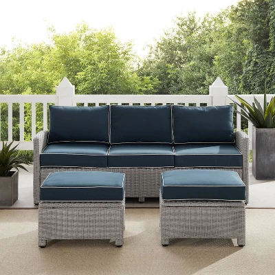 Bradenton 3pc Outdoor Wicker Sofa & 2 Ottoman Set - Navy/Gray - Crosley - Image 2
