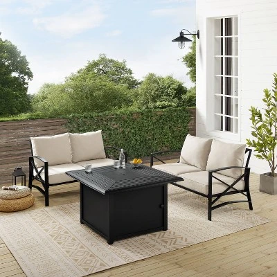 Kaplan 3pc Outdoor Conversation Set With Fire Table & 2 Loveseats - Oatmeal - Crosley - Image 6