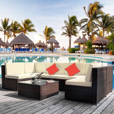 7pc Wicker Patio Sofa Set With Cushions - Brown/Beige - GODEER