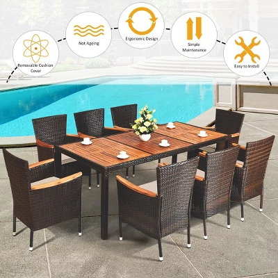 Costway 9PCS Patio Rattan Dining Set 8 Chairs Cushioned Acacia Table Top - Image 6