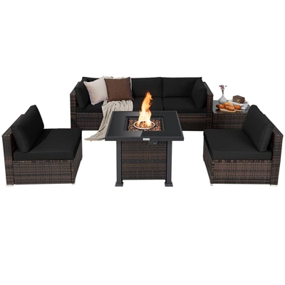 Tangkula Patio Rattan 7PCS Cushioned Chair Set Furniture Set Thick Cushion W/ 50,000 BTU Propane Fire Pit Table For Garden Black/Navy/Red/Turquoise/Off White - Image 8