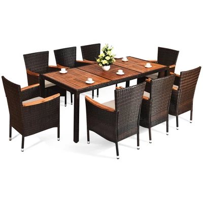 Costway 9PCS Patio Rattan Dining Set 8 Chairs Cushioned Acacia Table Top