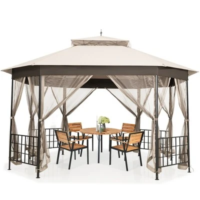 Costway 10'x12' Patio Gazebo Canopy Shelter Double Top Netting Sidewalls Beige - Image 9