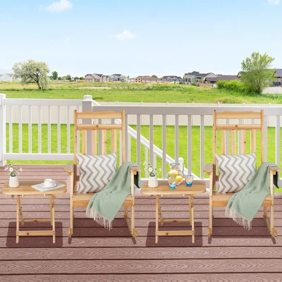 Costway 4PCS Patio Wooden Rocking Chair Bistro Set High Backrest With Folding Side Table