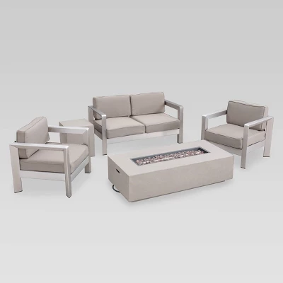 Aviara 5pc Aluminum Chat Set With Fire Pit - Silver/Khaki And Light Gray - Christopher Knight Home