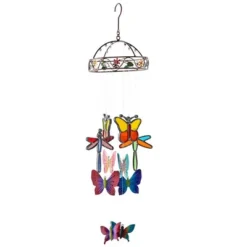 Wind & Weather Colorful Indoor Mobile With Stained Glass Butterflies And Dragonflies And Metal Butterflies