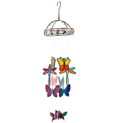 Wind & Weather Colorful Indoor Mobile With Stained Glass Butterflies And Dragonflies And Metal Butterflies