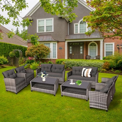 Costway 4PCS/8PCS Patio Rattan Furniture Set Coffee Table Cushioned Sofa Garden Lawn Gray - Image 11