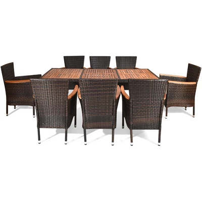 Costway 9PCS Patio Rattan Dining Set 8 Chairs Cushioned Acacia Table Top - Image 9