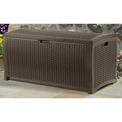 Suncast Trash Hideaway Resin Wicker Style Garbage Bin & 99 Gallon Deck Box, Java - Image 2