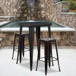Flash Furniture Commercial Grade 30" Round Metal Indoor-Outdoor Bar Table Set With 2 Square Seat Backless Stools