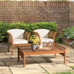Stamford 3pc Eucalyptus Wood Outdoor Conversation Set With Chairs & Table - Natural - Alaterre Furniture