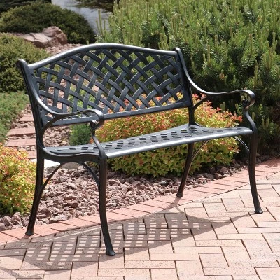 Sunnydaze Decor Sunnydaze 2-Person Checkered Design Cast Aluminum Outdoor Patio Bench, Black - Image 2