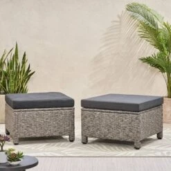 Puerta 2pk Outdoor Wicker Ottomans With Cushions - Black/Dark Gray - Christopher Knight Home