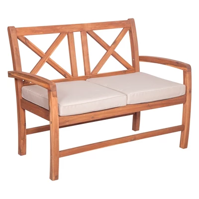 Acacia Wood X-Back Love Seat With Cushions Brown - Saracina Home