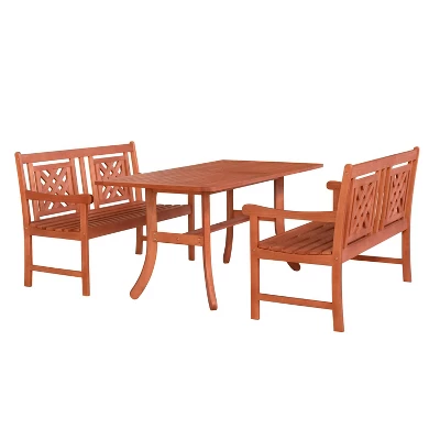 Vifah 3pc Malibu Eucalyptus Outdoor Patio Dining Set With 48" Benches Tan