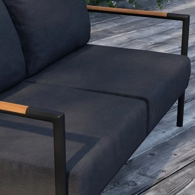 Merrick Lane Outdoor Loveseat With Removable Plush Fabric Cushions And Teak Accented Aluminum Frame - Image 6