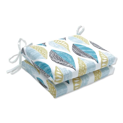 Set Of 2 Leaf Block Outdoor/Indoor Squared Corners Seat Cushions Teal/Citron - Pillow Perfect - Image 5
