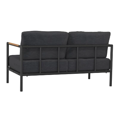 Merrick Lane Outdoor Loveseat With Removable Plush Fabric Cushions And Teak Accented Aluminum Frame - Image 12