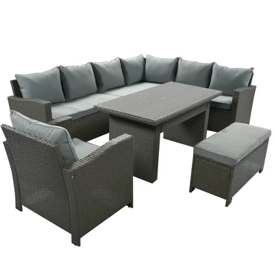6pc Outdoor Set With Loveseats, Sofa, Chair, Bench & Coffee Table - Gray - GODEER - Image 2