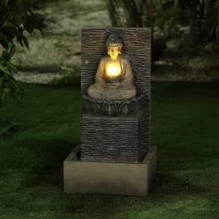 LuxenHome Gray Resin Meditating Buddha With Pedestal Outdoor Fountain With LED Light