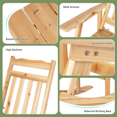 Costway 4PCS Patio Wooden Rocking Chair Bistro Set High Backrest With Folding Side Table - Image 7