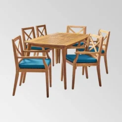 Llando 7-pc Acacia Wood Dining Set - Teak/Blue - Christopher Knight Home