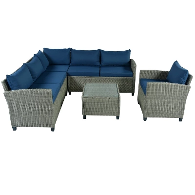 5pc Outdoor Wicker Conversation Set With Cushions - Blue - GODEER - Image 3