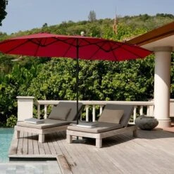 Tangkula 15 Ft Outdoor Patio Umbrella Double-Sided Shade Offset Wine Red