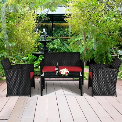 Tangkula 4 Piece Outdoor Patio Rattan Furniture Set Red Cushioned Seat For Garden, Porch, Lawn - Image 2