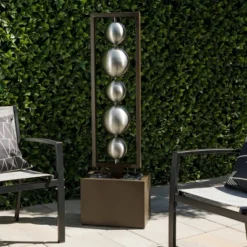 55" Metal Modern Column Fountain With Stainless Steel Orbs Silver/Brown - Alpine Corporation