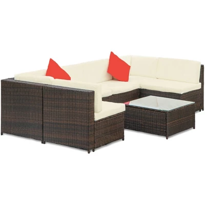7pc Wicker Patio Sofa Set With Cushions - Brown/Beige - GODEER - Image 5