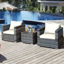 Tangkula 3-Piece Patio Wicker Conversation Set Bistro Rattan Sofa Chair With Washable Cushion