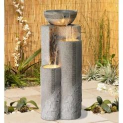 John Timberland Bowl And Pillar Modern Zen Cascading Outdoor Floor Water Fountain With LED Light 34 1/2" For Yard Garden Patio Home Deck Porch House