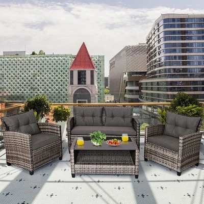 Costway 4PCS/8PCS Patio Rattan Furniture Set Coffee Table Cushioned Sofa Garden Lawn Gray - Image 10