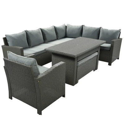 6pc Outdoor Set With Loveseats, Sofa, Chair, Bench & Coffee Table - Gray - GODEER - Image 3