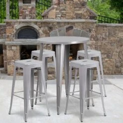 Emma And Oliver Commercial Grade 30" Round Metal Indoor-Outdoor Bar Table Set, 4 Backless Stools