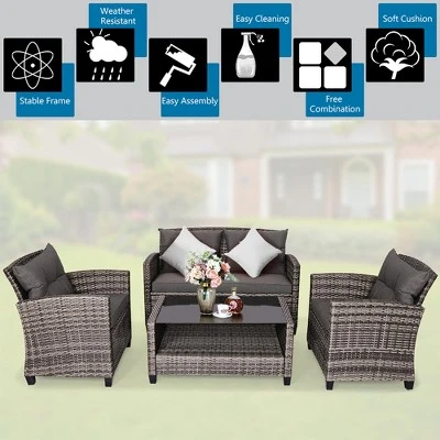 Costway 4PCS/8PCS Patio Rattan Furniture Set Coffee Table Cushioned Sofa Garden Lawn Gray - Image 4