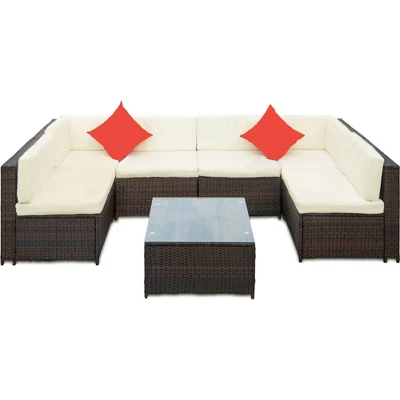 7pc Wicker Patio Sofa Set With Cushions - Brown/Beige - GODEER - Image 4