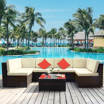 7pc Wicker Patio Sofa Set With Cushions - Brown/Beige - GODEER - Image 2