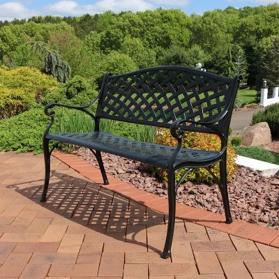 Sunnydaze Decor Sunnydaze 2-Person Checkered Design Cast Aluminum Outdoor Patio Bench, Black - Image 8