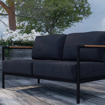 Merrick Lane Outdoor Loveseat With Removable Plush Fabric Cushions And Teak Accented Aluminum Frame - Image 7